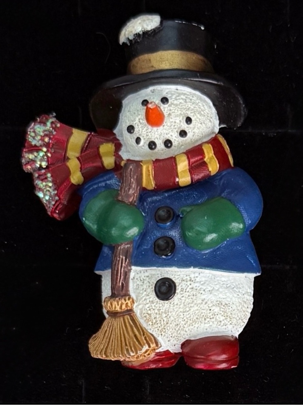 Vintage Snowman Broom Christmas Holiday Brooch Pin Glitter Scarf